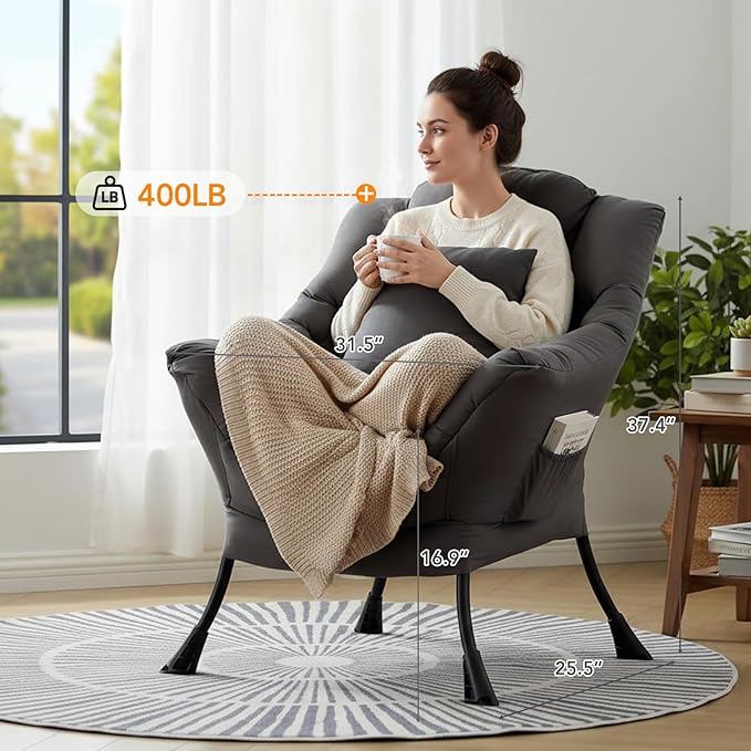 Lazy Chair for Living Room Large Dark Grey Accent Chair with a Throw Pillow Leisure Sofa Chair Set Comfy Reading Chair for Bedroom Dorm Room Office
