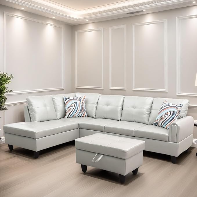 FONTOI L Shaped Sectional Couches Leather Couch Modular Sectional Sofa with Ottoman Storage Modern L Shaped Couch with Chaise for Living Room Bedroom Apartment Furniture White