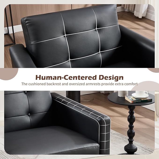 CANMOV 29 W Oversized Leather Accent Chair Armchair Button Back Mid Century Modern Accent Chairs for Living Room Modern Upholstered Bed Room Chair Cozy Armchair with Wood Legs Black
