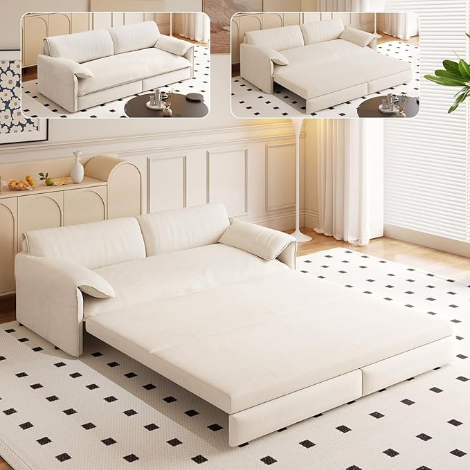 66'' Queen Pull Out Sofa Bed with Thickened Cushions 3-in-1 Convertible Velvet Sleeper Couch with Side Storage Loveseat Futon Lounge Recliner for Living Room Apartment Bedroom Small Space (White)