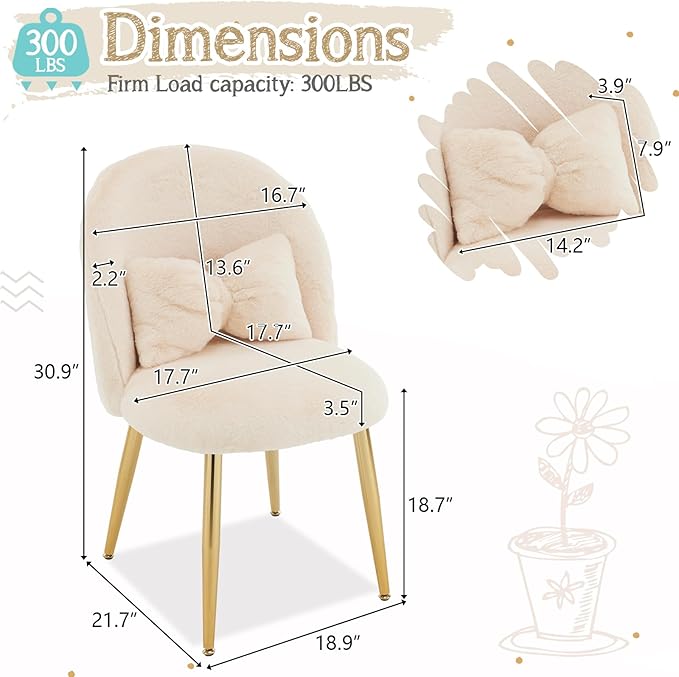 VINGLI Boucle Girls Vanity Chair with Back &amp PillowCute Small Cozy Desk Chair No WheelsComfy Makeup Ch with Ajustable Gold Legsfor BedroomLiving RoomSmall SpaceKhaki