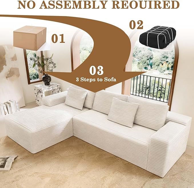 104 Boneless Couch with Chaise Sectional Couches for Living Room L Shaped Couch 4 Seat SofaCompression Sofa for Bedroom Comfy No Assembly Corduroy (White Left)