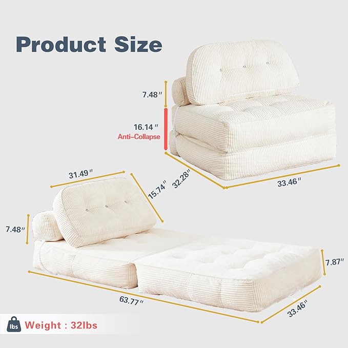Folding Sofa Bed Flannel Futon Couch Bed with Pillow and Blanket Convertible Sleeper Chair for Living Room Bedroom White