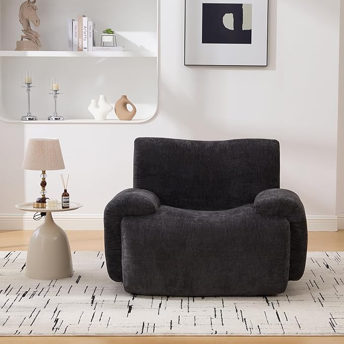 42 Mid-Century Modern Oversized Accent Armchair Comfy Upholstered Chenille Boneless Single Sofa Chair Wide Armchair Reading Chairs for Living Room Bedroom Office (Black)