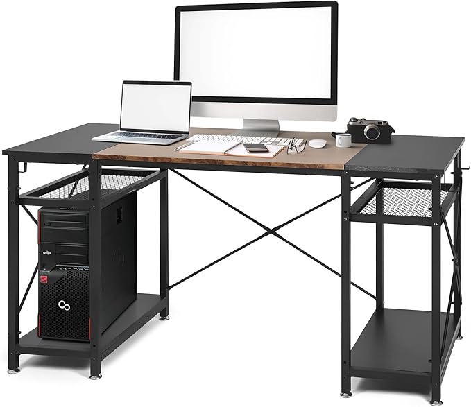 LUCKYERMORE 47 Inch Home Office Computer Desk Small Study Writing Desk with Storage Shelves &amp 4 Hooks Rustic Black Design Perfect for Small Spaces