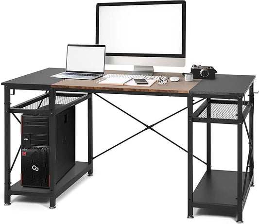 LUCKYERMORE 47 Inch Home Office Computer Desk Small Study Writing Desk with Storage Shelves &amp 4 Hooks Rustic Black Design Perfect for Small Spaces