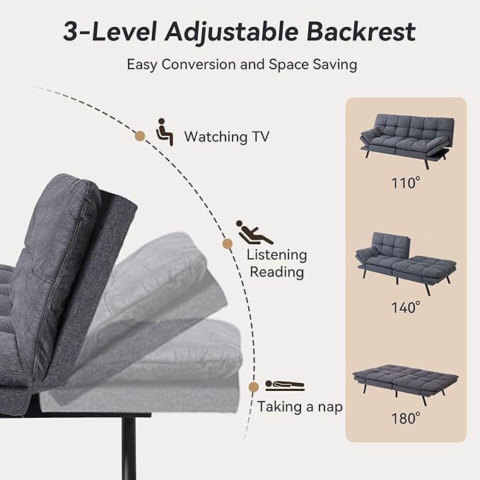71 Convertible Futon Sofa BedLinen Fabric Futon Couch BedMemory Foam Sleeper SofaModern Folding Small Loveseat for Living RoomOfficeApartmentRetro Grey