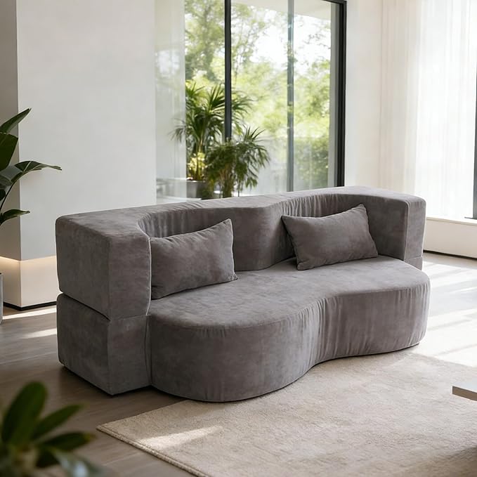 78.35 Loveseat Sofa Bed Modern 2-in-1 Convertible Curved Floor Love Seat Couch Teddy Fabric Memory Foam Cloud Couch with 2 Pillows No Assembly for Living Room Apartment Small Space (Grey)