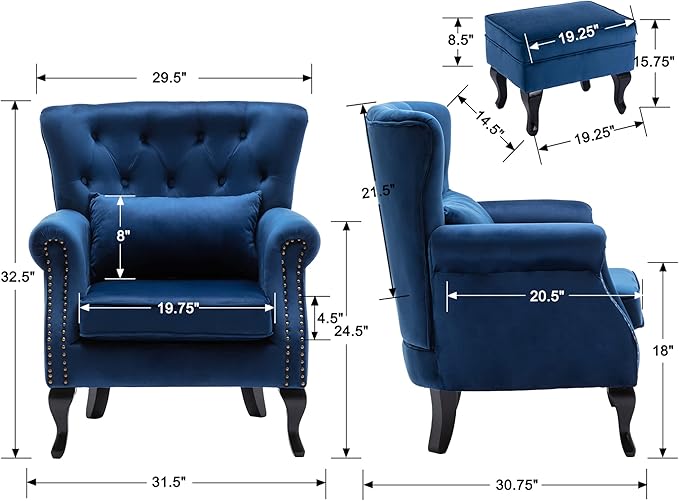 chairus Mid-Century Modern Accent Chair with Ottoman Comfy Velvet Single Sofa Chair Button Tufted Wingback Armchair with Pillow for Living Room/Bedroom/Club - Blue