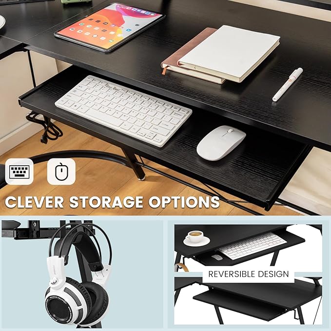 Tangkula L-Shaped Computer Desk with Power Outlet 51 Corner Computer Workstation with Monitor Stand Keyboard Tray &amp Headphone Hook Ergonomic Gaming Desk for Home Office (Black)