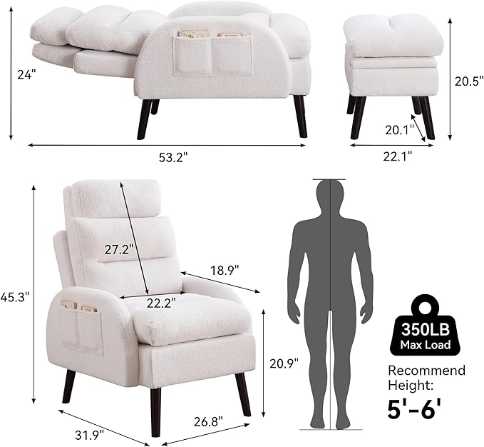 Accent Chair with Ottoman Set Comfy Reading Chair and Ottoman Modern Oversized Lounge Armchair with Adjustable Backrest for Living Room Bedroom Teddy White