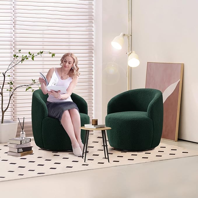 Antetek 2 Units Swivel Chair Round Accent Sofa Chair Club 360 Degree Swivel Barrel Chair Modern Teddy Farbic Leisure Arm Chair for Nursery Living Room Hotel Bedroom Office Lounge Green
