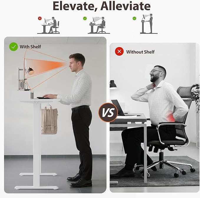 Agilestic Glass Standing Desk with Storage 48 Inch Electric Adjustable Desk with Glass Shelf Sit Stand Up Home Office Computer Table Splice Board White