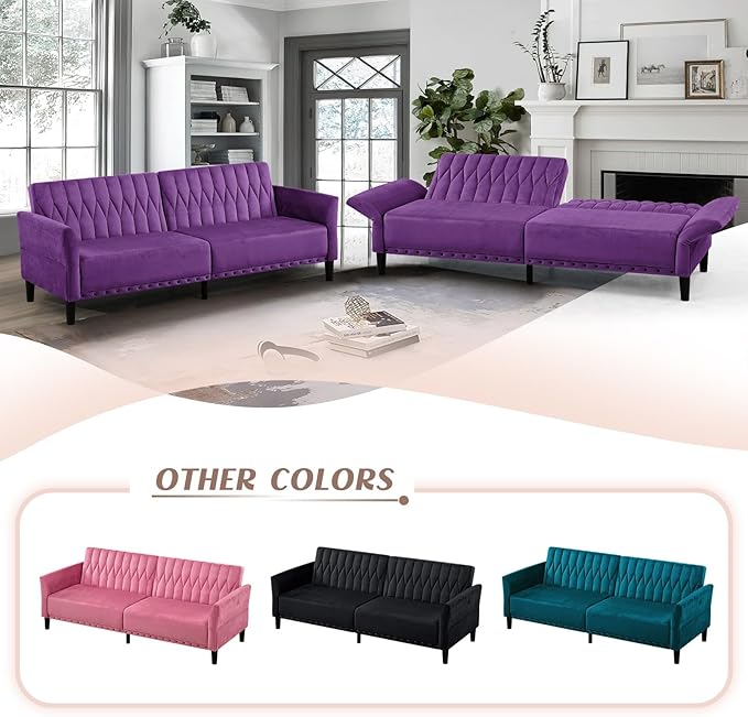 77” Velvet Sofa Bed with Adjustable Armrests and BackrestsTufted Convertible Futon Couch Loveseat Modern Velvet Sleeper Sofa for Living RoomBedroomOfficePurpel