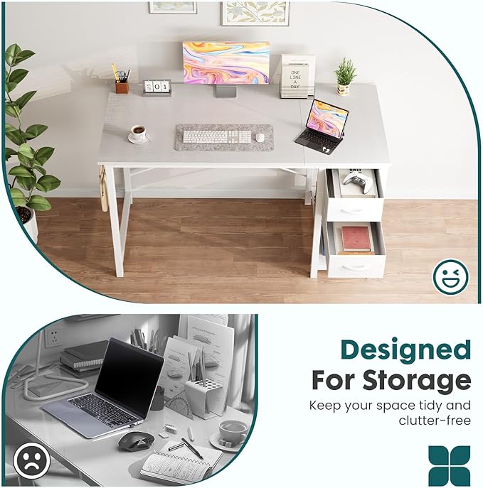 Sweetcrispy 47 Inch Computer Desk with Drawers Home Office Gaming Desk with X-Shaped Reinforcement Modern Wood Study Work Table with Side Hook White