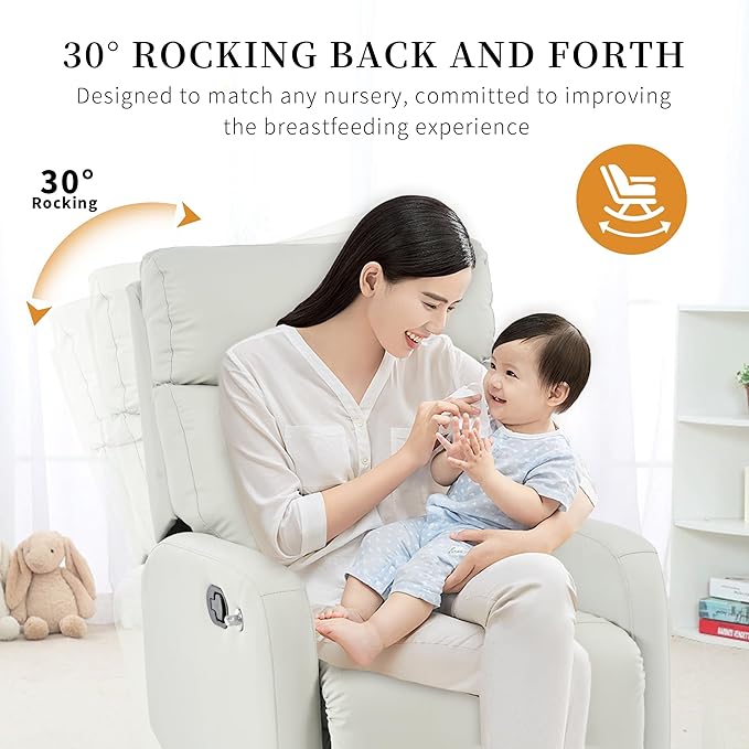 Swivel Rocker Recliner Chair for Nursery Upholstered 360° Leather-air Glider Rocking Chair with Phone Holder Manual Small Recliners for Small Spaces Living Room
