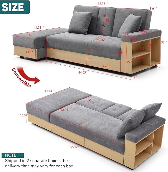 JOYBASE Modular Sectional Sofa Couch with Storage Ottoman 3-Seater Convertible Sofa Bed with Reversible Armrest Drawers and Cup Holders for Apartment Living Room (Grey)