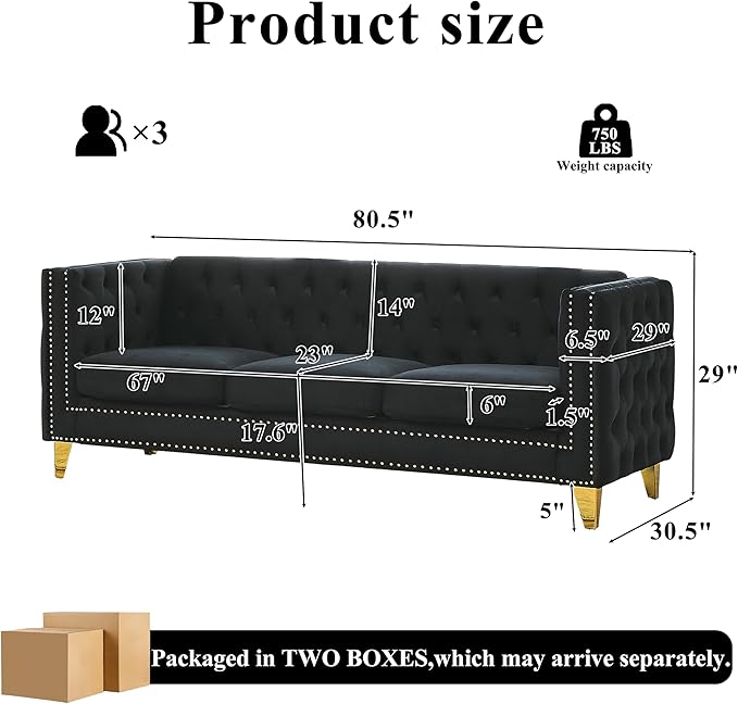 80.5 Chesterfield Velvet Sofa for Living Room3-Seater Sofa Loveseat Tufted Couch with Two PillowsRolled Arms and Nailhead for Living RoomBedroomOfficeBlack