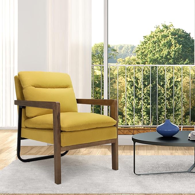 Giantex Set of 2 Accent Chair Comfy Soft Bedroom Chair with Solid Rubber Wood Legs Rear Steel Bracket Non-Slip Foot Pads Detachable Cushions Mid-Century Modern Living Room Chairs Yellow