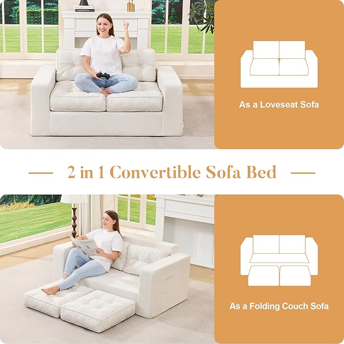 Hobestluk Sofa Couch Loveseat Sofa with Chenille Fabric 2-Seater Sofa for Small Spaces Comfortable Foam Floor Sofa 2 in 1 Boneless Couch for Living Room Bedroom Apartment or Office (Beige Loveseat)