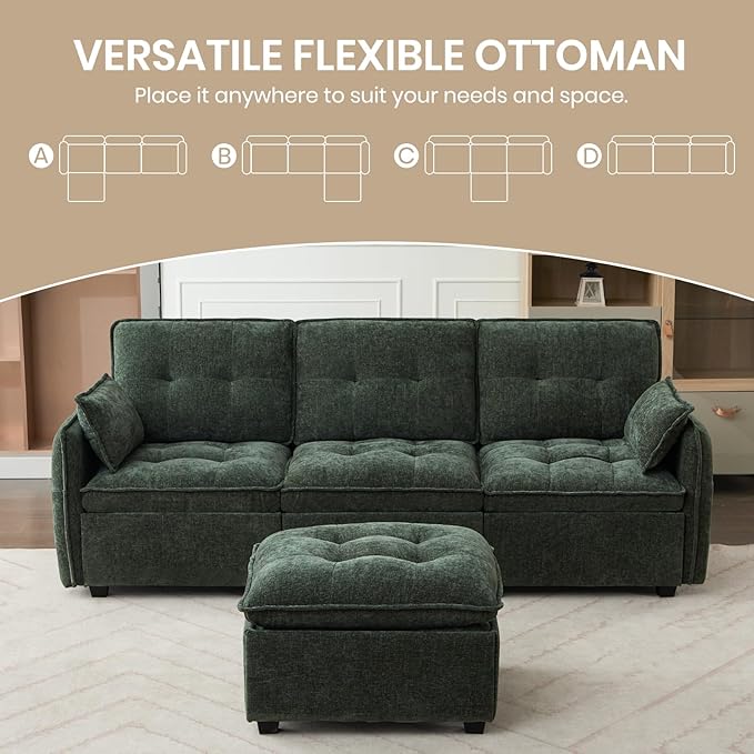 98'' Modular Sectional Sofa Comfty Cloud Couch L Shape with Movable Ottoman 4-Seat Chenille Deep Seat Sofa with Throw Pillow Sectional Couches for Living Room Office(Green 3-seat)