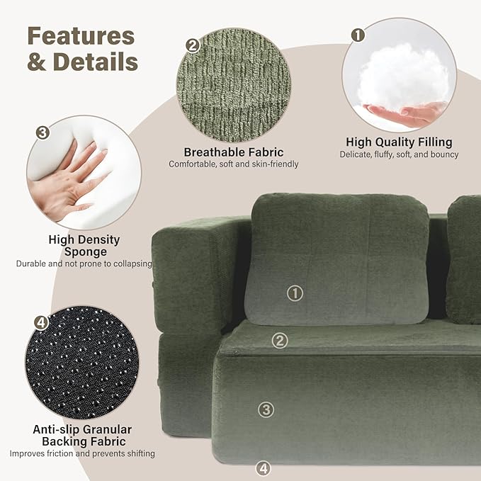 78 Convertible Sofa Bed with Blanket Boneless Cloud Couch Queen Scott Fabric for Living Room Bedroom Modular Loveseat with High-Density Solid Sponge No Assembly Green