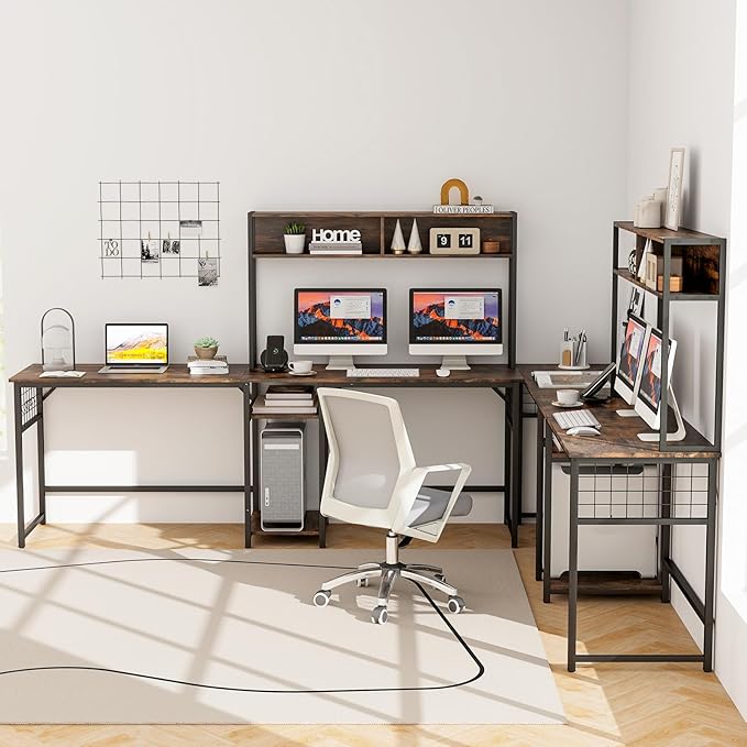 Tangkula L-Shaped Desk Converts to 2-Person Long Desk with Hutch Power Outlet &amp 3 Removable Hooks Perfect for Home Office or Gaming (Rustic Brown)