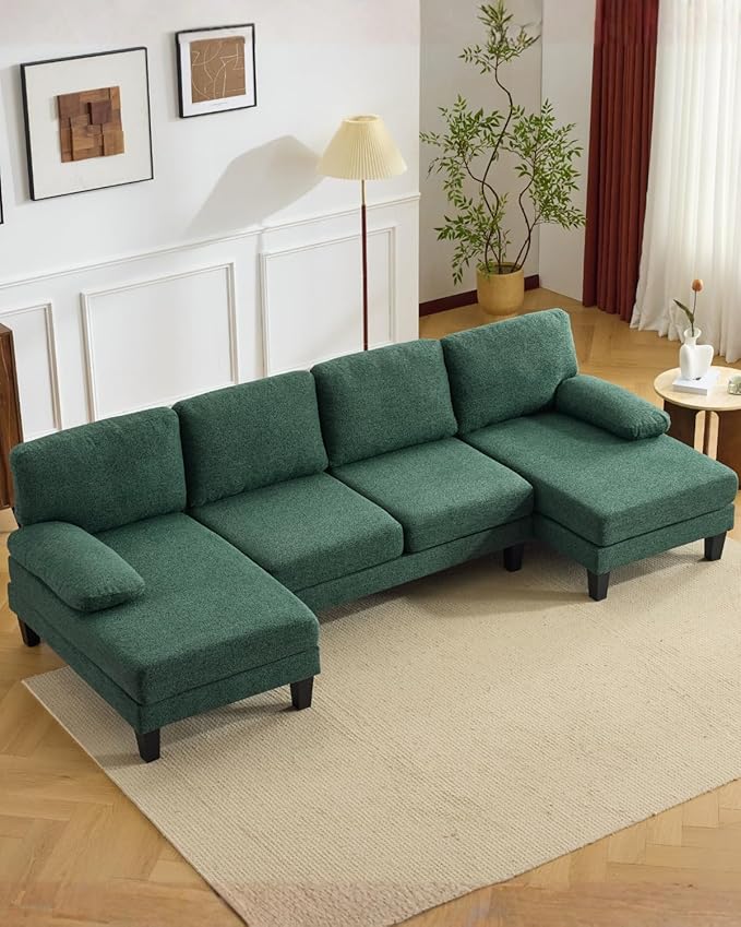 Karl home 110 U-Shape Sectional Couches for Living Room Chenille Upholstery 4 Seat Sofa Set with Double Chaises &amp Wood Grain Legs for Apartment Green