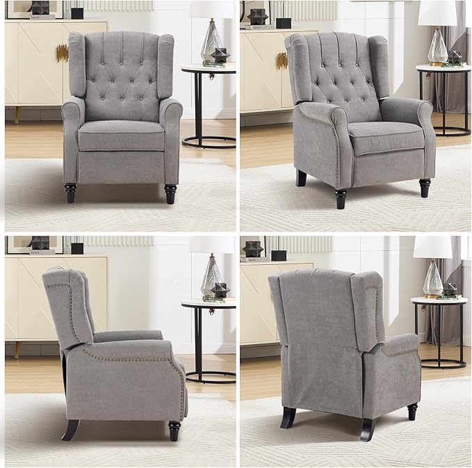 EBELLO Push Back Recliner Chair Fabric Accent Chair Pushback Recliner with Rivet Decoration Button-Tufted Back Mid Century Wingback Armchair for Living Room Bedroom Grey