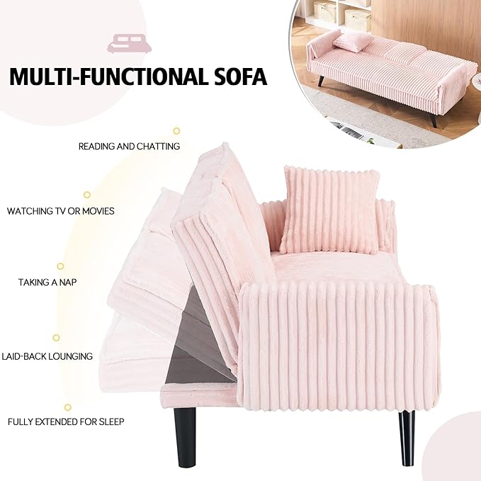 Anwick Futon Sofa Bed Modern Folding Couch for Small Space Corduroy Convertible Loveseat Sleeper Bed Daybed Recliner Lounge Sofas for Living Room2 Cup HoldersMetal LegsRemovable Armrests (Pink I)