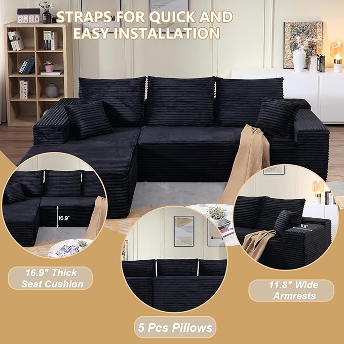 107 L-Shaped Cloud Couch with Pillows Modular Sectional Sofa with Chaise Comfy Corduroy 3-Seater Sofa with Deep-Seat for Living Room No Assembly Required (Black Left-Facing Chaise)
