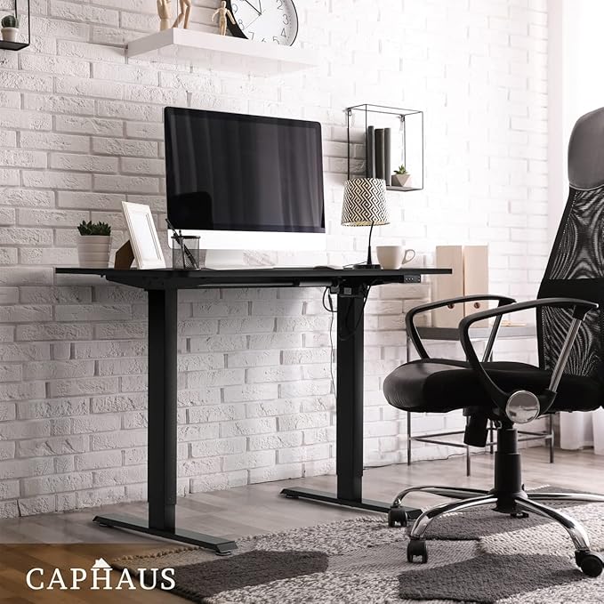CAPHAUS 48 x 24 Inches Whole-Piece Deskboard Electric Standing Computer Desk Home Office Height Adjustable Desk with Memory Control Panel Black Metal Frame &amp P2 Grade Black Desktop Single Motor