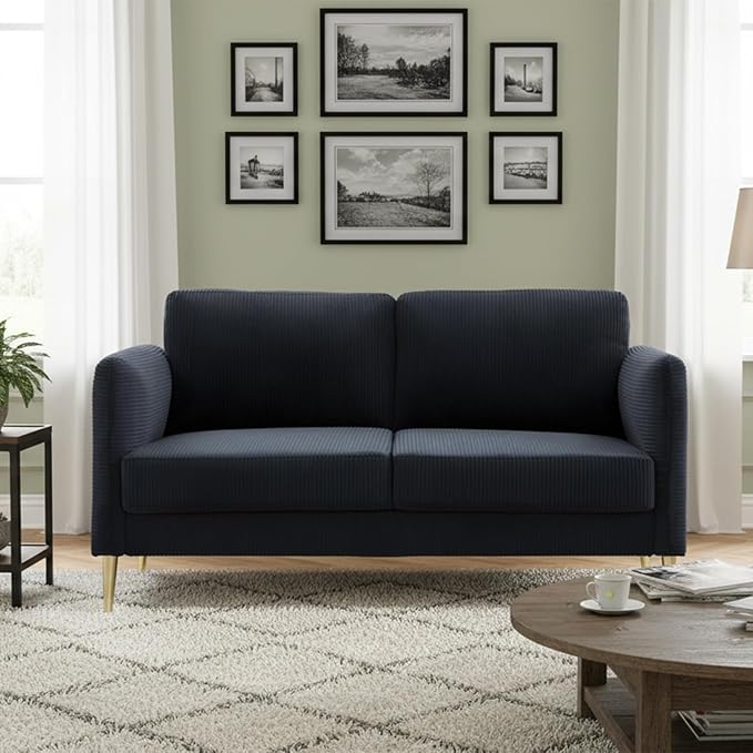 60 Black Modern Corduroy Loveseat Couch Plush Cloud Upholstered Cushions Mini Sofa 2-Seater Love Seat for Compact Small Space Living Room and Apartment Office Furniture Couche (60 Black)