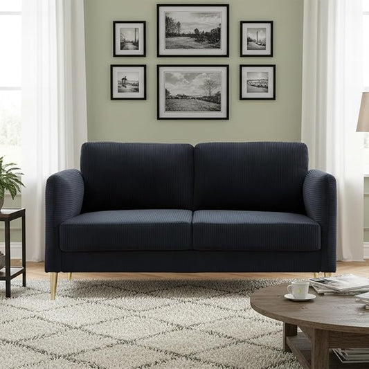 60 Black Modern Corduroy Loveseat Couch Plush Cloud Upholstered Cushions Mini Sofa 2-Seater Love Seat for Compact Small Space Living Room and Apartment Office Furniture Couche (60 Black)
