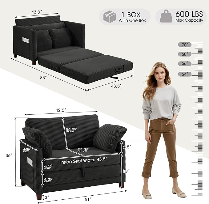 51 Loveseat Sleeper Sofa Bed Corduroy Convertible Floor Sofa Bed for Small Spaces Folding Couch Bed with Deep Seat 2 Pillows &amp Solid Frame Pull Out Floor Couch for Living Room Black