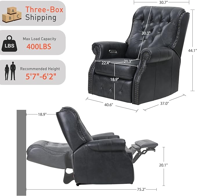 EONIX Dual Motor Lay Flat Power Recliner Chair Mid Century Wingback Recliner with Independent Adjustable Backrest and Extended Footrest 400lbs Heavy Duty Breathable Faux Leather Black