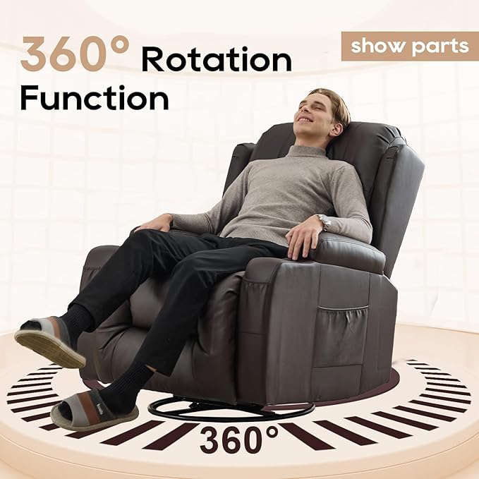 IPKIG Rocking Recliner Chair Upholstered Manual Recliner Chair 360° Swivel Glider Rocker Chair with LED Light USB Port Side Pocket Cup Holders Lumbar Pillow for Living Room Home Theater (Brown)