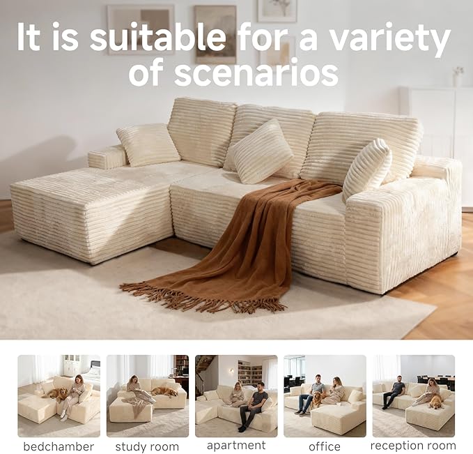 105 Cloud Modular Boneless Couch Left Facing L-Shaped Chaise Sectional Sofa - No Assembly Required Plush Corduroy &amp Memory Foam for Living Room Bedroom Apartment (Beige)