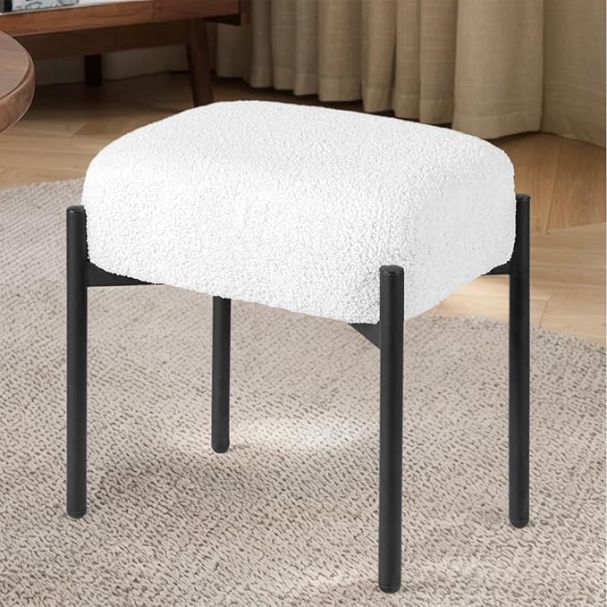 Vanity Stool Chair Faux Fur 16.3 L x 12.8 W x 17.3 H Soft Ottoman Makeup Chair Bench Furry Padded Seat with 4 Metal Legs Footstool Multifunctional Chairs for Bedroom Living Room