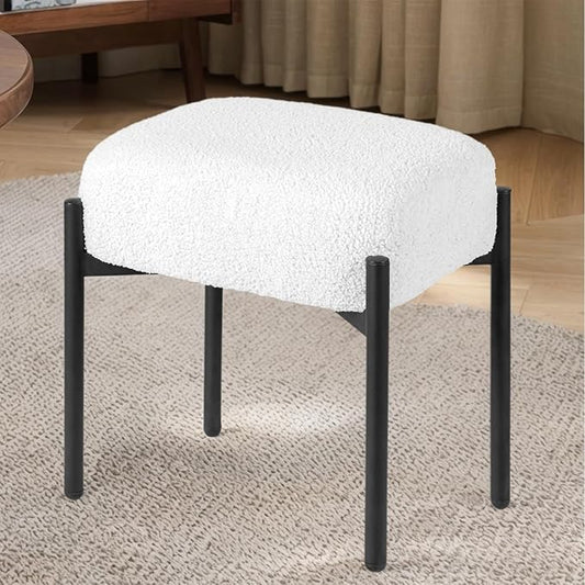 Vanity Stool Chair Faux Fur 16.3 L x 12.8 W x 17.3 H Soft Ottoman Makeup Chair Bench Furry Padded Seat with 4 Metal Legs Footstool Multifunctional Chairs for Bedroom Living Room