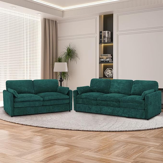 2 Pieces Chenille Sofa Set w/Arm Pillows Upholstered Loveseat &amp 3 Seater Sofa w/Comfortable Back Cushions Modern 2-Seat &amp 3-Seat w/High-Density Foam for Living Room Apartment Teal
