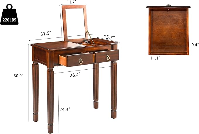 PADMA HOUSE Flip Top Wood Makeup Vanity Desk with Mirror Small Dressing Table with Two Drawers Flip-up Wooden Writing Desk Secretary Table in Cherry Walnut for Bedroom Living Room