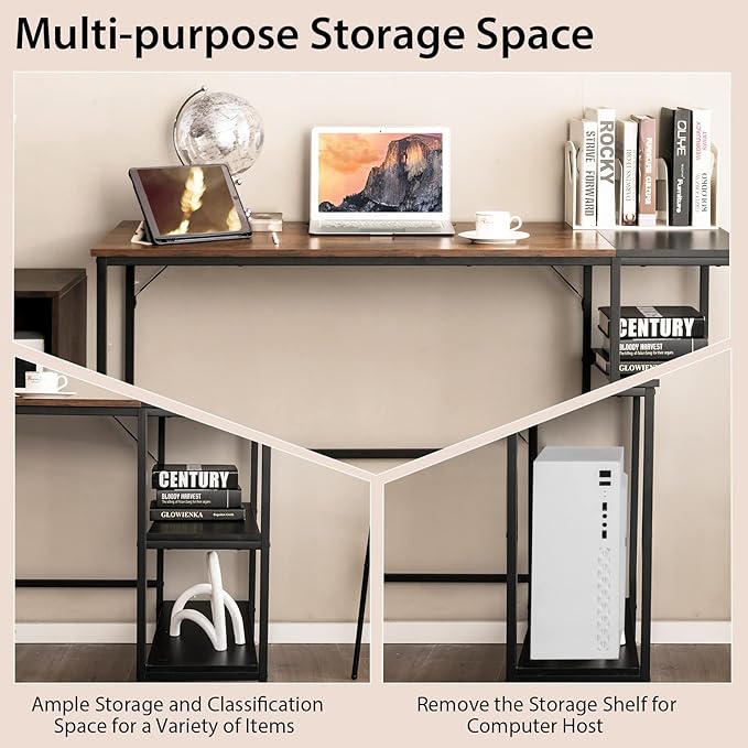 Tangkula 55” Computer Desk Large Home Office Desk with 2-Tier Storage Shelves Modern Laptop PC Desk with Heavy-Duty Steel Frame Multipurpose Writing Desk Study Desk (Rustic Brown)