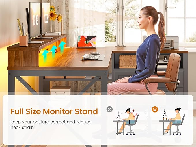 SEDETA L Shaped Gaming Desk with Drawers 55 Farmhouse Computer Desk with File Drawer and Storage Shelves Corner Gaming Desk with LED Lights and Monitor Shelf Black and Brown
