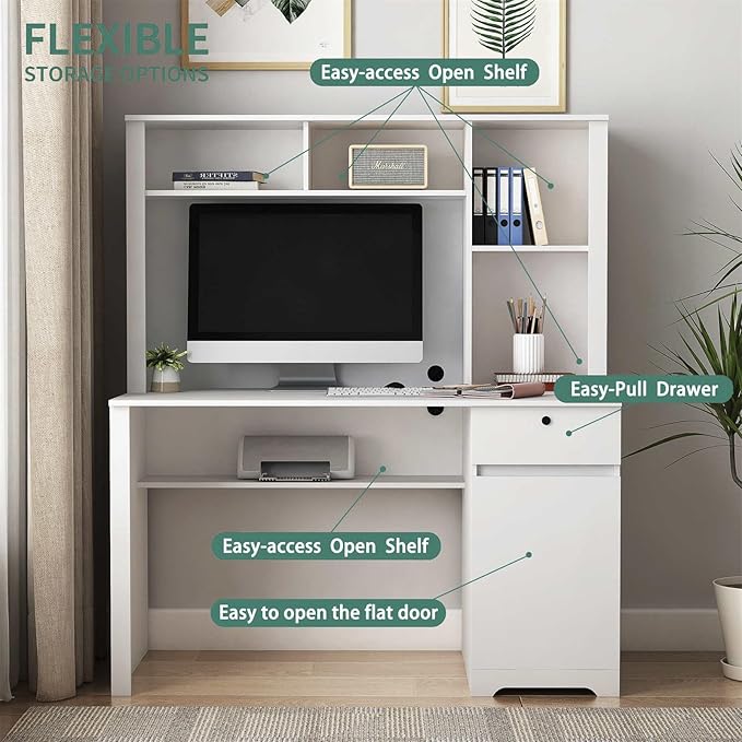 VERYKE Home Office DeskComputer Desk with Hutch and DrawerWriting Desk with 3 AC OutletModern Office Desk with 2 USB Charging Ports for Study RoomLiving Room (White)
