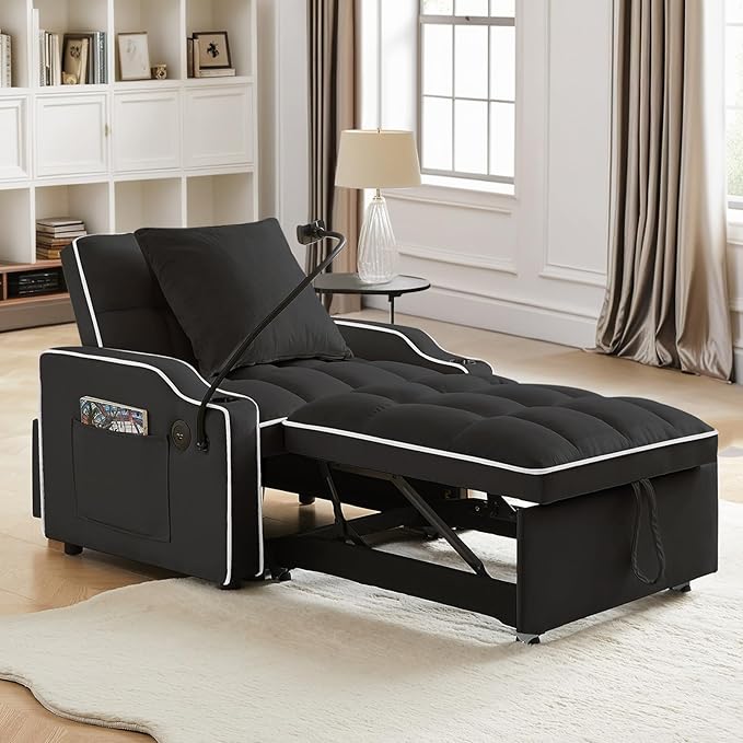 Sleeper Sofa Chair Bed with Charging Ports &amp Phone Holder &amp Cup Holder Modern Velvet 3 in 1 Convertible Pull Out Single Sofa Chair Bed for Small Spaces Apartment Black