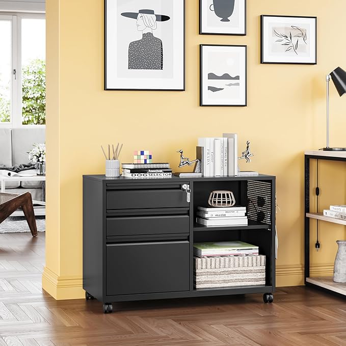 3 Drawer File Cabinet with LockMobile Lateral Filing Cabinet with Side Hook for Letters/Legal/A4 Metal Printer Stand Storage Cabinets with Shelves for Home Office(Black)