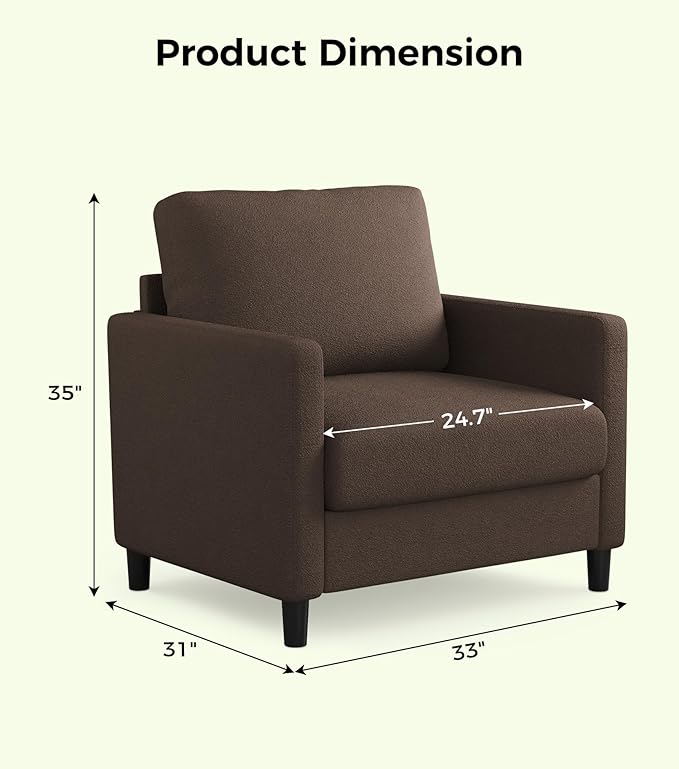 Sofa Accent Chair 33 Reading Chair for Bedroom Tool-Free Setup Living Room Accent Chairs Comfy Arm Chairs Living Room All-Wood Reading Nook Brown