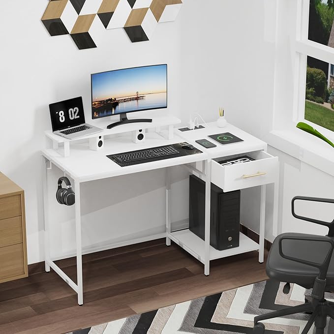 Lkeiyay White Gaming Desk with Led Lights &amp Power Outlet 48 inch Computer Desk with Wooden Drawers Monitor Stand &amp Headphone HookHome Office Desk