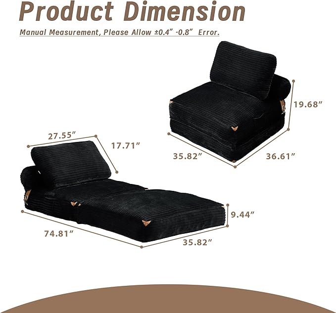 Folding Sofa Bed Convertible Sleeper Chair with Pillow Foldable Mattress Lounge Chair for Living Room Bedroom Portable Guest Bed